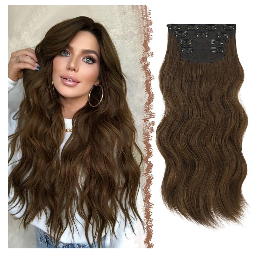 20” Clip in Hair Extensions - 4 PCS Long Wavy Thick Chestnut Brown